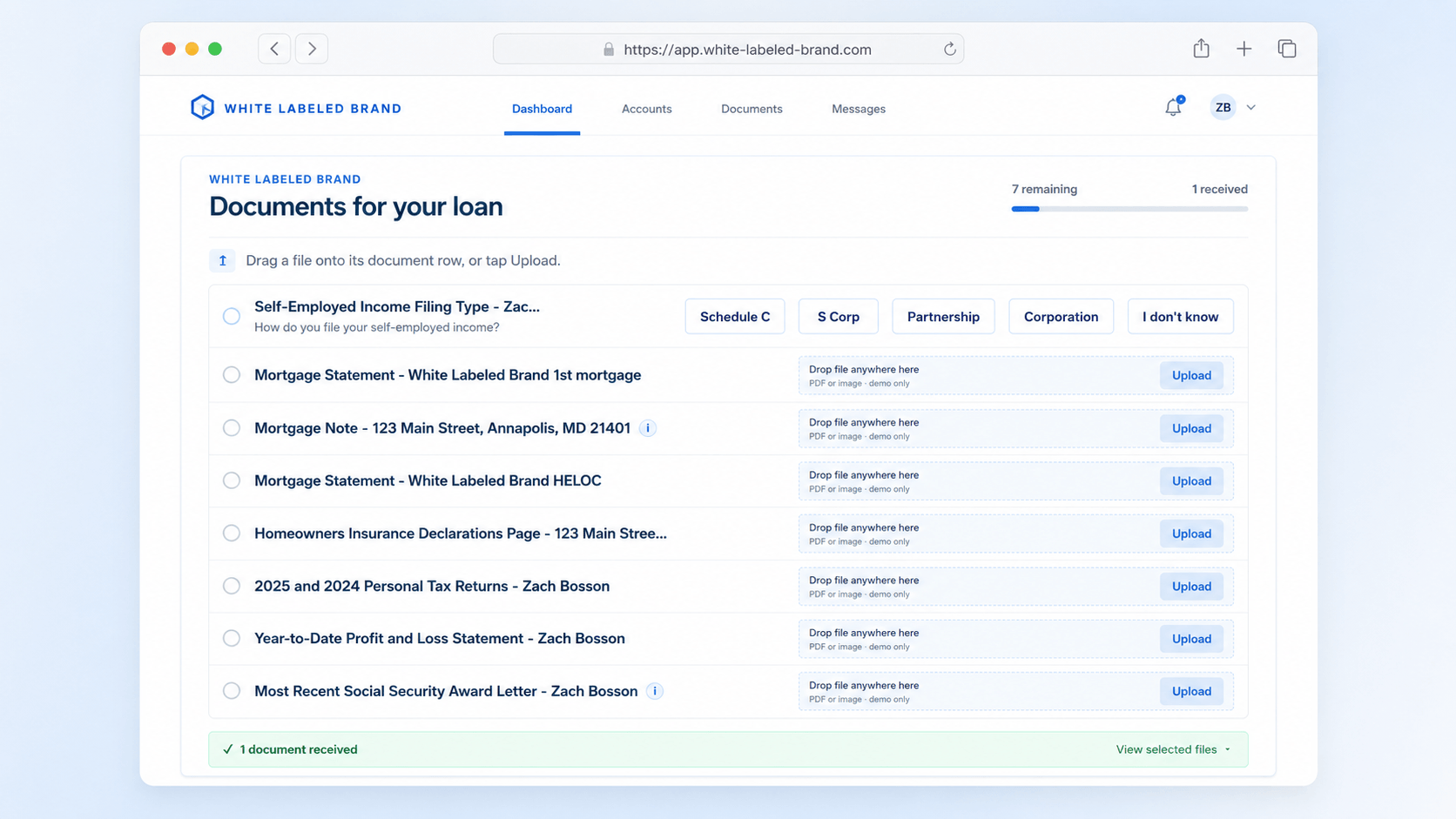 White labeled document portal with a dynamic loan document checklist
